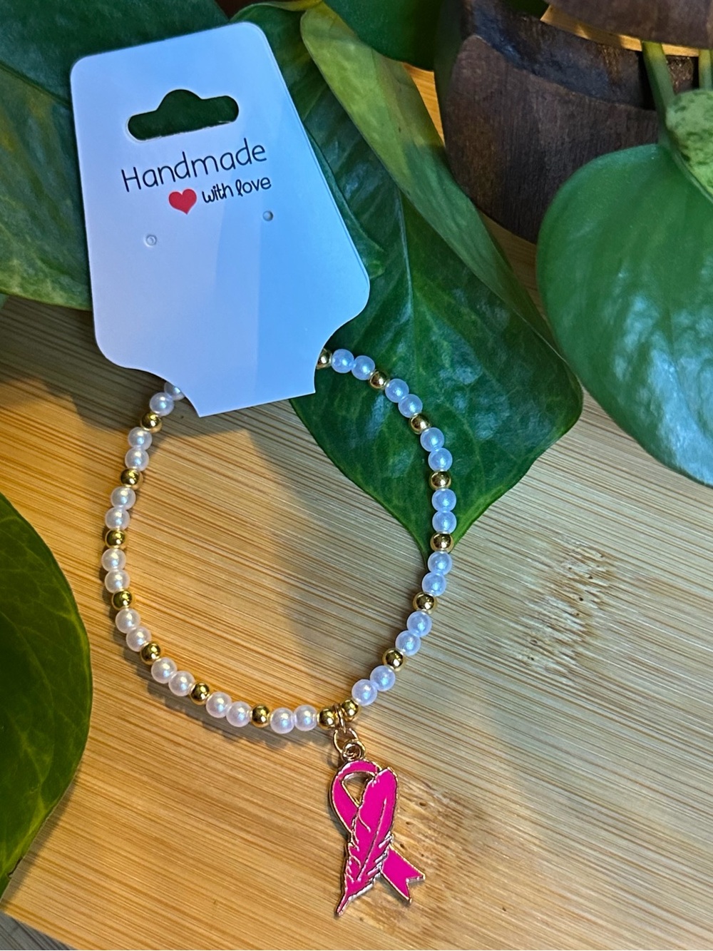 🎀 Breast Cancer Awareness Stretchy Beaded Bracelet | Handmade | Dangle Charm 🎀